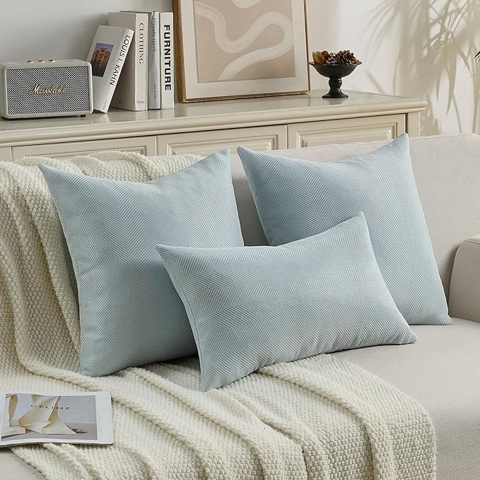FUTEI Light Blue Chenille Throw Pillow Covers 22x22 Inch Set of 2,Soft Wide Chevron Textured Cushion Case,Farmhouse Home Decor for Couch Bed Living Room