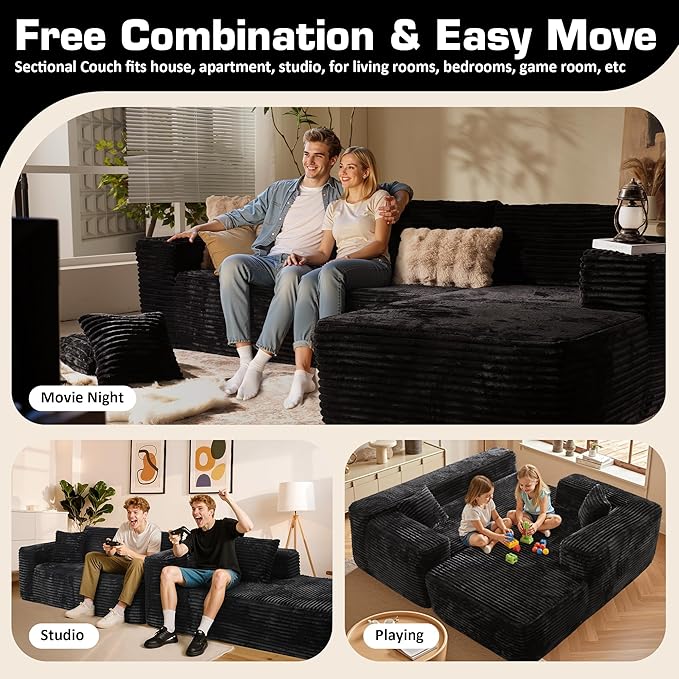 106" Cloud Sectional Couch with Chaise Lounge,L Shaped Modular Modern Sofa,Comfy Corduroy Fluffy Couches with Deep Seat,No Assembly Required Couch for Living Room(Right,Plush Corduroy,Black)