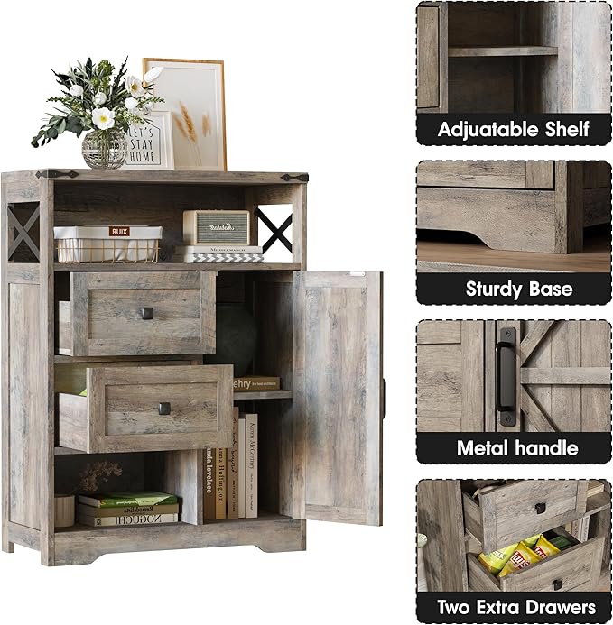Fameill Farmhouse Storage Cabinet with 2 Drawers & Shelves,Freestanding Kitchen Cabinet with Doors,Floor Storage Organization for Living Room,Bathroom,Laundry,Grey