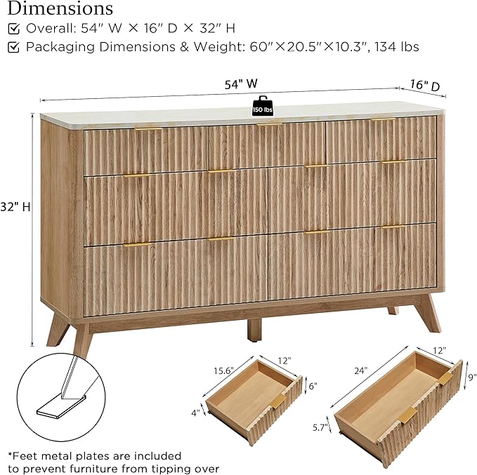 T4TREAM Fluted 7 Drawers Dresser, 54" Wide Modern Chest of Drawers with Faux Marble Top, Curved Profile Design, Dresser TV Stand, Wood Drawer Organizer for Bedroom, Living Room, Hallway, Natural Oak