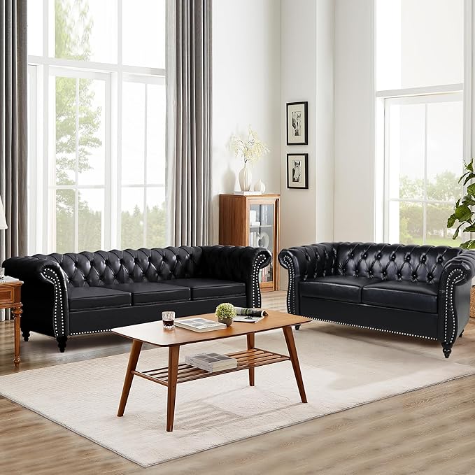 Faux Leather Sofa Couches Set, Modern Comfy Upholstered Couch with Cushions, Home Sofa Sectional Furniture Sets, 3-Piece Mid Century Tufted Chesterfield Couches for Living Room, Bedroom, Office