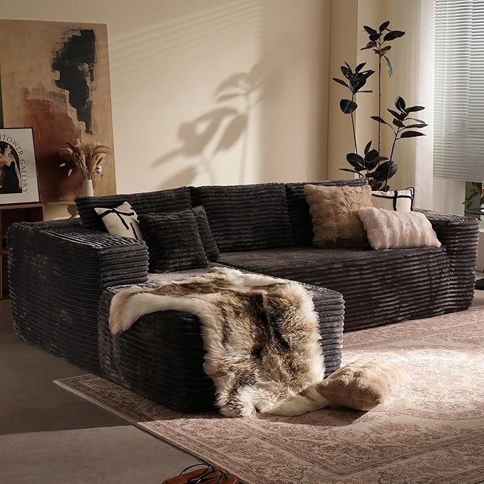 106" Cloud Sectional Couch with Chaise Lounge,L Shaped Modular Modern Sofa,Comfy Corduroy Fluffy Sofa with Deep Seat,No Assembly Required Couch for Living Room(Left,Plush Corduroy,Gray)