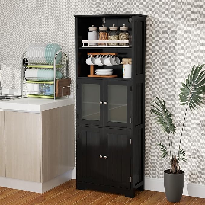 LOKO Tall Bathroom Cabinet, Modern Storage Organizer with Doors & Open Shelves, Wooden Floor Cabinet with Adjustable Shelves for Bathroom, Living Room or Kitchen (Black)
