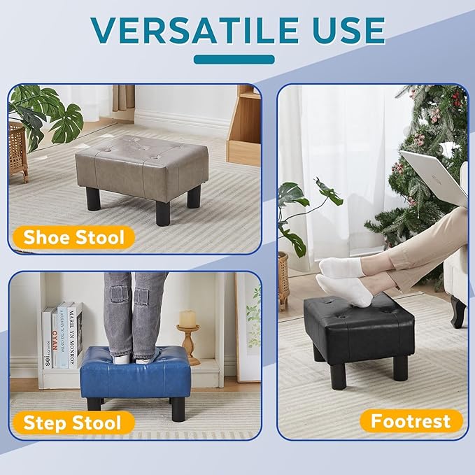 Small Foot Stool Ottoman, Faux Leather Footstool Ottoman Foot Rest for Couch, Rectangle Footstools and Ottomans Small for Living Room, Entryway and Bedroom (Black)