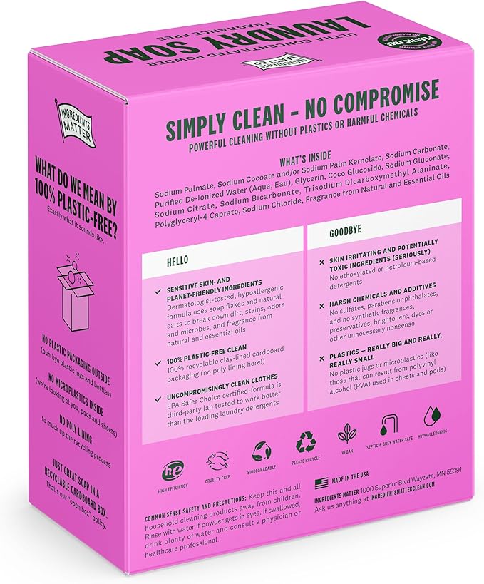 Ingredients Matter Powder Laundry Soap - Lavender Scent, Hypoallergenic Detergent, Natural & Eco-Friendly, Plastic Free, Made in USA, Natural Essential Oils & Dermatologist Tested - 30 oz, 60 Loads