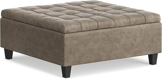 SIMPLIHOME Harrison Coffee Table Storage Ottoman - 36 inch Wide Upholstered Faux Leather Square Lift-Top Ottoman in Distressed Smoky Grey Brown, Transitional Ottoman for Living Room with Storage