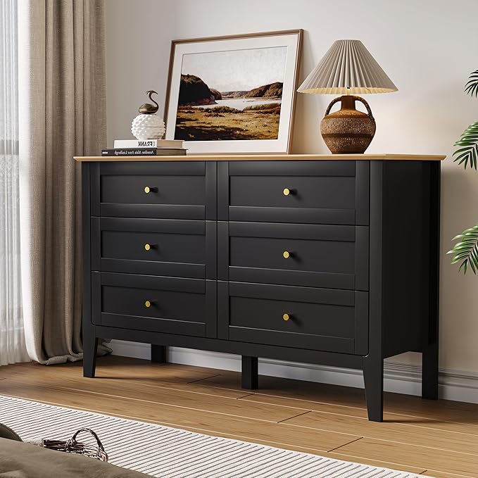 6 Drawers Black Dresser for Bedroom, 47" Wide Wood Modern Chest of Drawers, Shaker Style, Modular Dresser TV Stand for Bedroom, Living Room, Hallway (Black)