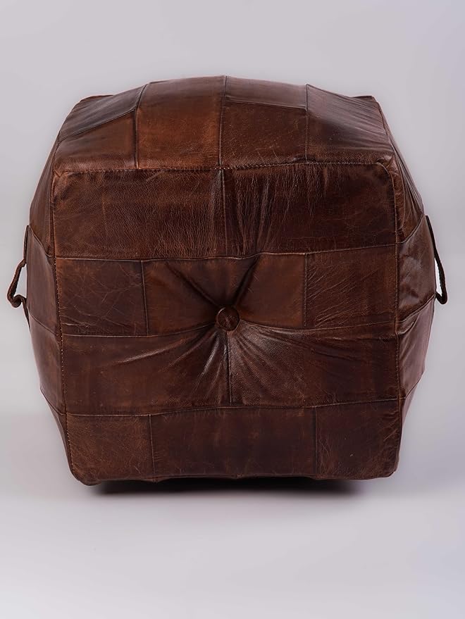 Handmade Eco-Friendly Geometric Leather Pouf Brown Color Square 16" x 16" x 16" Buffalo Leather Pouf for Living Room, Bedroom Seating, Patio