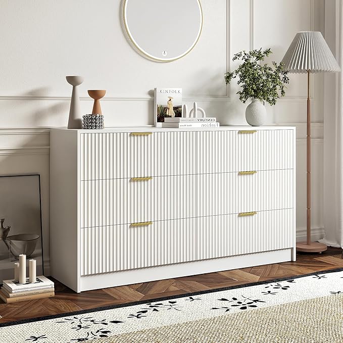 6 Drawers Fluted Dresser for Bedroom, 55" Wide Wooden Dresser with Deep Drawers, Large Floor Chest of Drawers, Modern Long TV Stand, Storage Cabinet Side Table, White