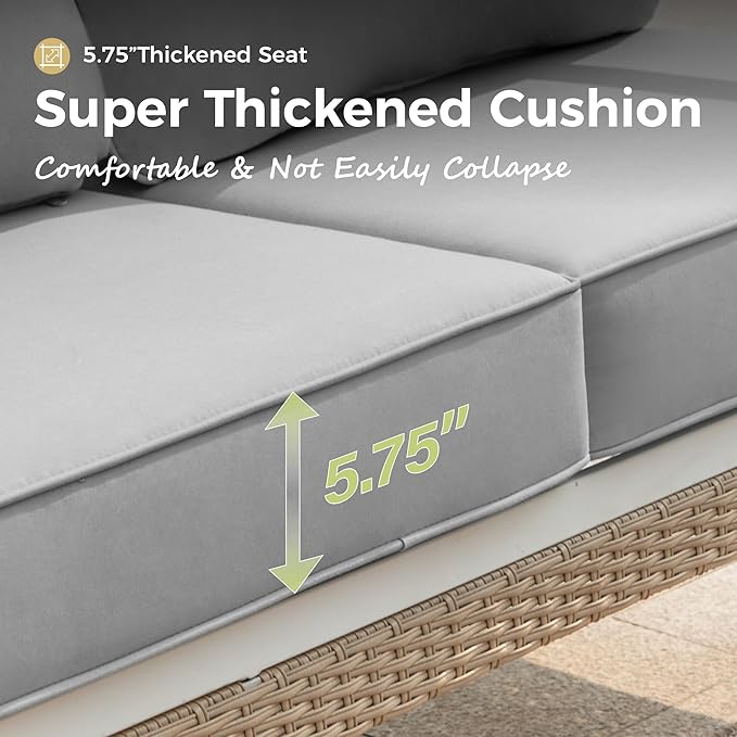 Patio Furniture Sofa, Love-Seat Patio Sofa Steel Frame Outdoor Sectional Couch with Deep Seating and 5.5” Cushions for Lawn Backyard Porch Deck, Light Gray