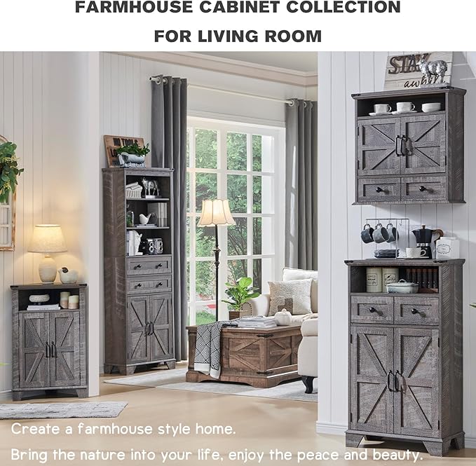 ACCOHOHO Bathroom Wall Cabinet, Farmhouse Medicine Cabinet, 24" Wide Cabinet with Drawer, Adjustable Shelf, Double Barn Doors, Storage Cabinet for Bathroom, Kitchen, Living Room, Grey Wash