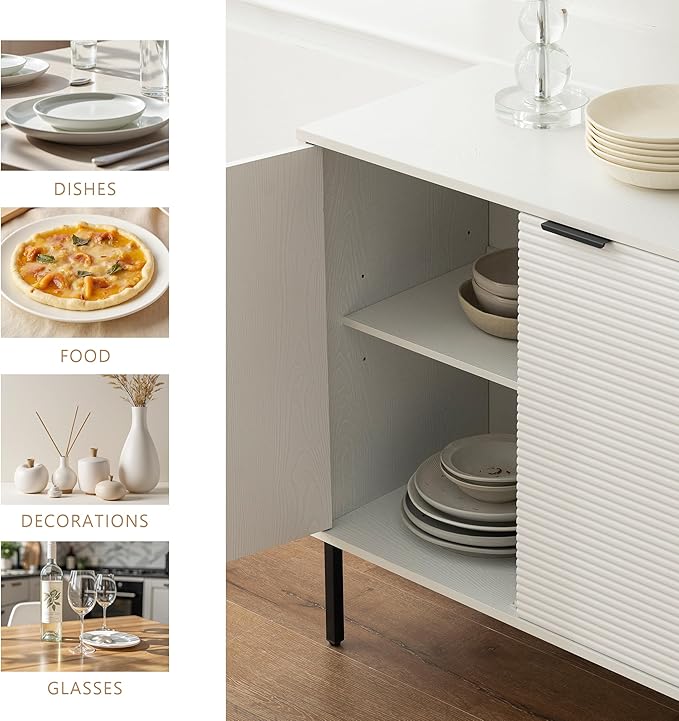 Kitchen Buffet Storage Cabinet Set of 2, Modern 3 Door Coffee Bar with Shelves, Wooden Fluted Entryway Cabinet for Dinning Room, Living Room (2, Embossed White)