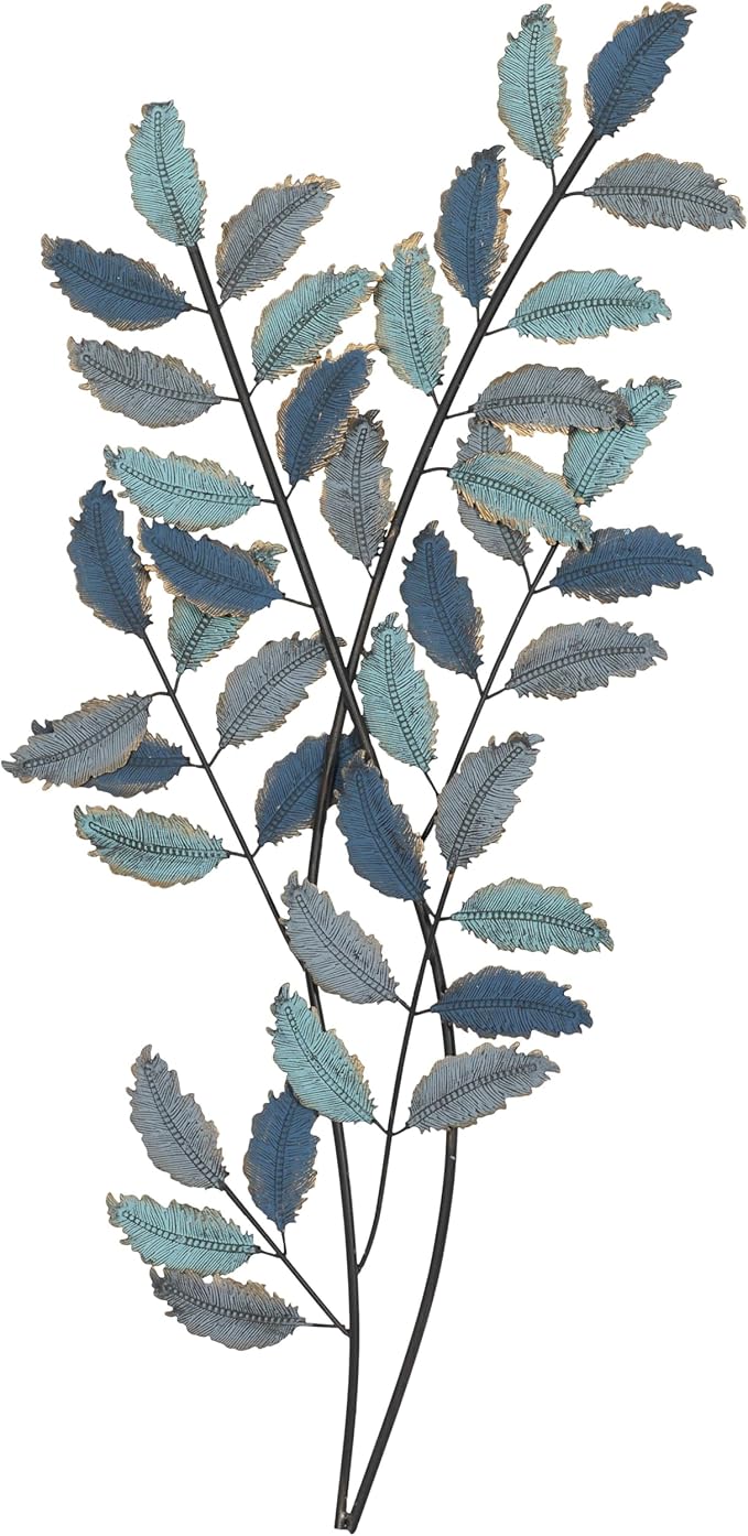 Deco 79 Metal Leaf Home Wall Decor Wall Sculpture with Gold Accents, Wall Art 15" x 1" x 32", Blue
