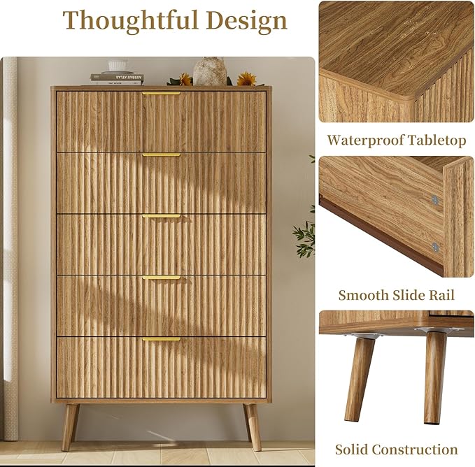 LYNSOM Fluted Dresser and Nightstand Sets 3 Piece, 5-Drawers Dresser and 1-Drawer Nightstands Set of 2, Wood Bedroom Furniture Set for Home, Bedroom, Hallway, Natural Oak