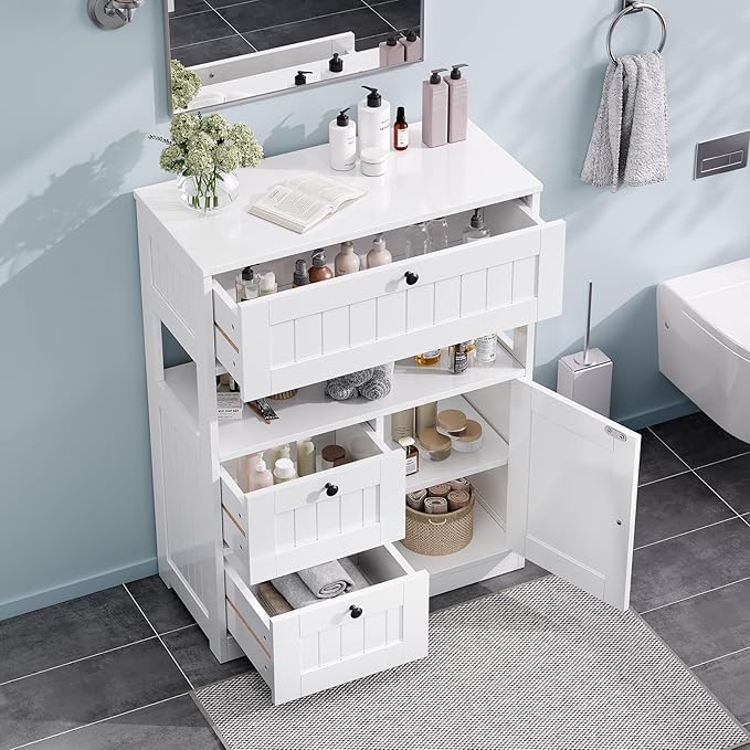 Bathroom Cabinet, Modern Bathroom Floor Storage Cabinet Organizer with 3 Drawers and Adjustable Shelves, Home Furniture for Multifunction in Living Room, Hallway, Kitchen, White