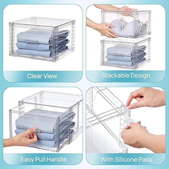 Vtopmart 4 Pack 18QT Clear Stackable Storage Drawers,Easily Assemble Closet Organizers,Plastic Storage Bins for Bathroom,Cabinet,Kitchen Pantry,Under Sink Organization(Medium)