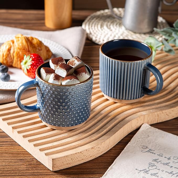 GBHOME 6 OZ Stackable Coffee Mugs, Ceramic Coffee Mugs with Texture Patterns for Man,Woman,Dad,Mom, Modern Coffee Cups Set of 4 for Espresso/Cappuccino/Cocoa. Dishwasher&Microwave Safe, Moonlight Blue
