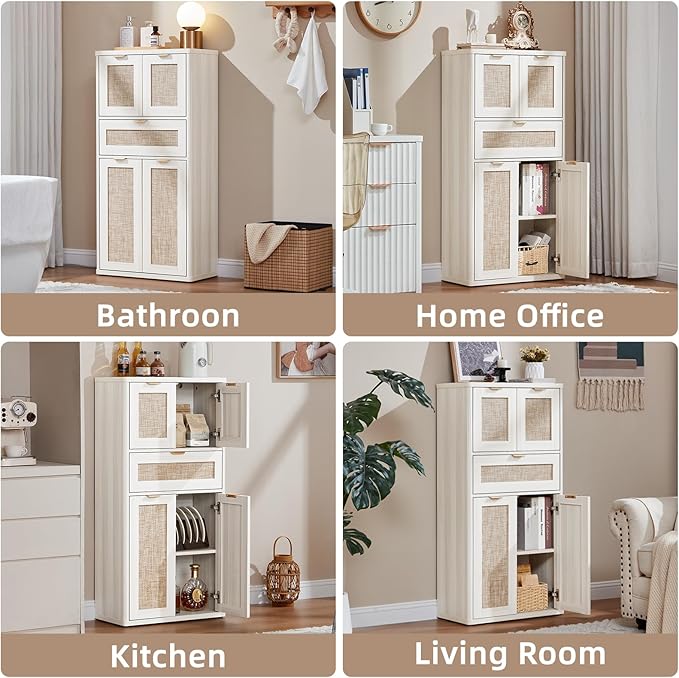 LEYAOYAO 48" Tall Storage Cabinet,Rattan Bathroom Floor Cabinets with 2 Doors & 1Drawer,Boho Kitchen Pantry with Adjustable Shelves,Wooden Cupboard for Living Room,Home Office,Dining,White Cream Oak