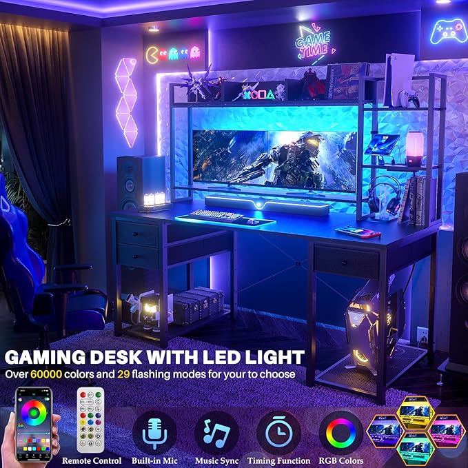 Aheaplus Desk with LED and Outlets, Gaming Desk with Hutch, 55.2'' Computer Desk with Drawers, Reversible Office Desk with Storage Bookshelf Large Workstation Desk with Shelf, Desk for Home, Black