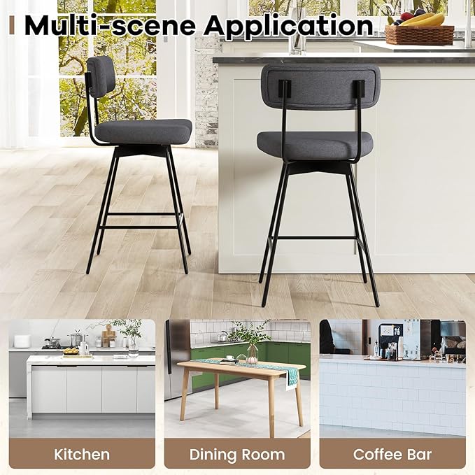 COSTWAY Bar Stools Set of 4, 25” Upholstered Counter Height Bar Stools with Back, 360° Swivel Dining Chairs with Heavy-Duty Metal Legs and Footrests, for Kitchen Island, Dining Room, Bar (4, Grey)