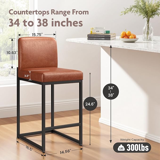 ALPHA HOME 24 Inch Bar Stools Set of 2, Kitchen Counter Stools with Backs, PU Leather Barstools, Kitchen Stools with Back&Upholstered Footrest, Sturdy Chromed Metal Steel Frame, Brown