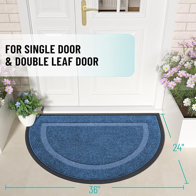 OLANLY Half Circle Door Mat Indoor Outdoor Entrance Welcome, Waterproof All-Season, All-Weather Doormat, Sturdy Natural Rubber, Low Profile, Easy Clean Patio Porch Entryway Mat, 35x23, Light Blue