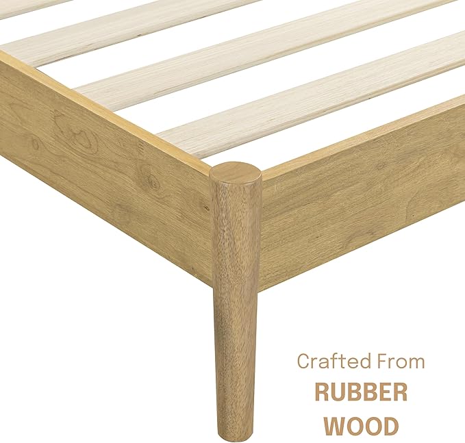 NTC Inno Wooden Bed Frame with Headboard, Solid Oak and Rubber Wood Foundation with Silent Slats and Wood Central Supports, 1000 Lb Capacity, Effortless Assembly, Queen - Sand