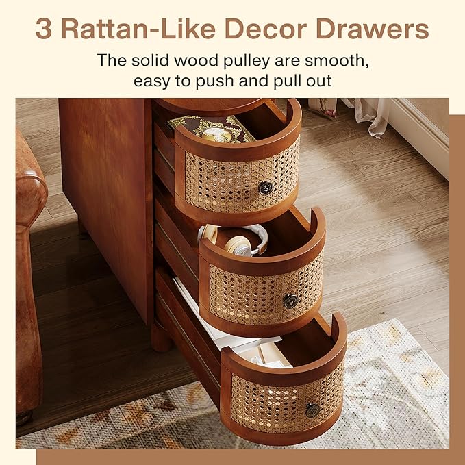 Tribesigns Solid Wood End Table Set of 2, 3-Drawer Rattan Side Table, Night Stand with 3 Rattan Drawers and Exquisite Embossed Handles for Living Room, No Assembly Required (Walnut & Oak)