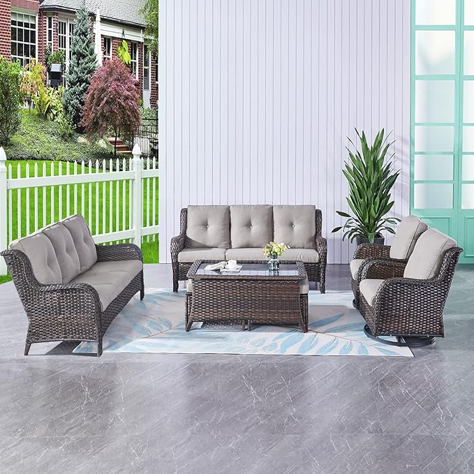 HUMMUH 7pcs Patio Furniture Set Swivel Rocker Patio Chairs,PE Wicker Outdoor Sofa Set of 2 with Coffee Table and Ottomans(Brown,Grey)