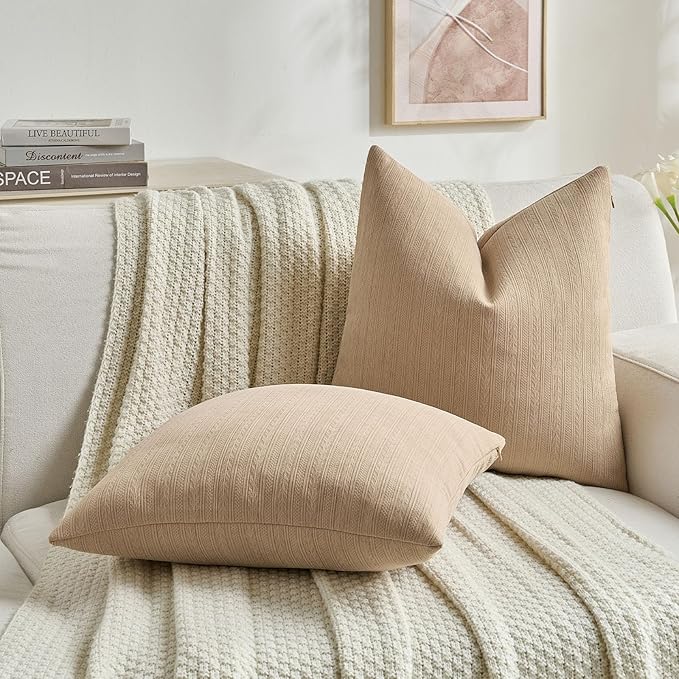 FUTEI Khaki Decorative Throw Pillow Covers 20x20 Inch Set of 2,Soft Cozy Wheat Ear Striped Patterns Cushion Cases,Modern Home Decor for Couch Bed Living Room