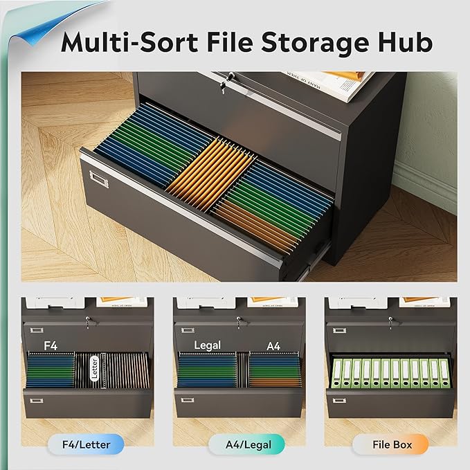 DEVAISE Metal Lateral File Cabinet with Lock, 2 Drawer Filing Cabinets for Home Office, 16" D x 35" W x 29" H Wide Storage Organization for Hanging Files Letter/A4/Legal/F4 Size, Black