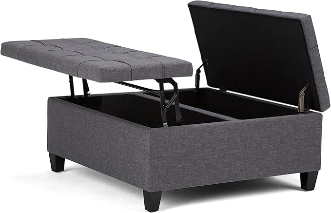 SIMPLIHOME Harrison Coffee Table Storage Ottoman - 36 inch Wide Upholstered Linen Look Fabric Square Lift-Top Ottoman in Slate Grey, Transitional Ottoman for Living Room with Hidden Storage