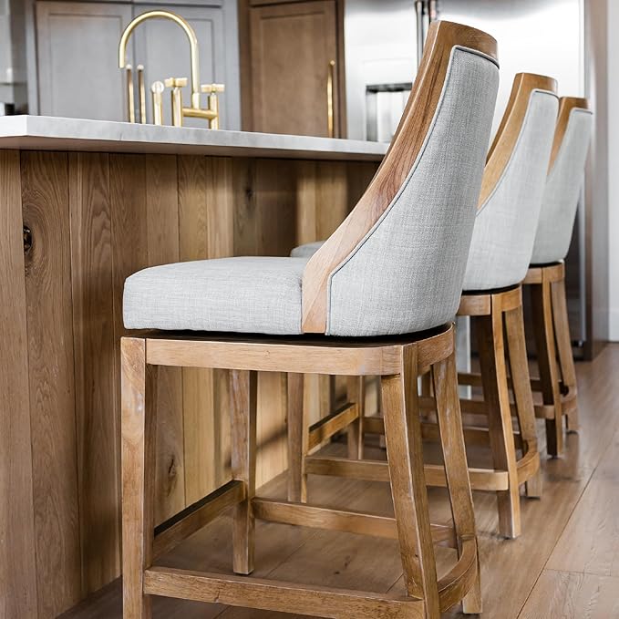 Maven Lane Vienna Counter Stools 26 Inches – Set of 3 – Swivel Stools with Footrests – Brown Solid Wood and Natural Fabric Upholstery – Ideal for Kitchen Islands and Counters