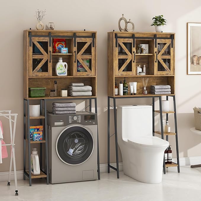 Vabches Over The Toilet Storage Cabinet, Farmhouse Storage Cabinet Over Toilet with Sliding Barn Door，Home Space-Saving Toilet Rack, for Bathroom, Restroom, Laundry