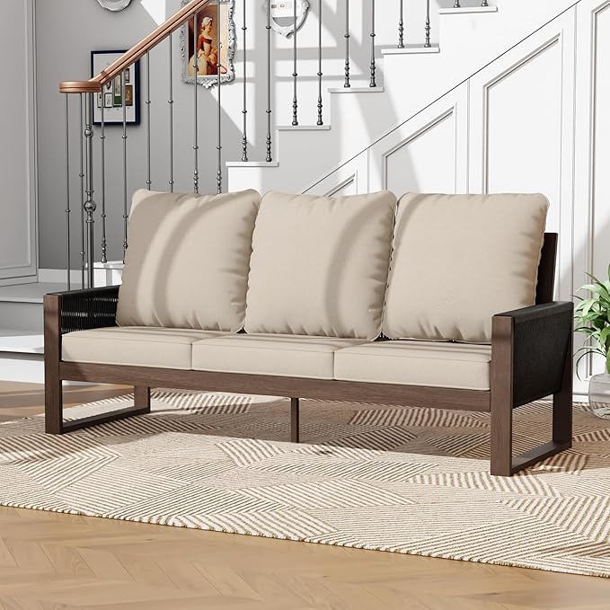 Patio Furniture 3 Seater Sofa Cedar Wood Indoor&Outdoor Couch, Outside Deep Seat High Back Porch Sofa