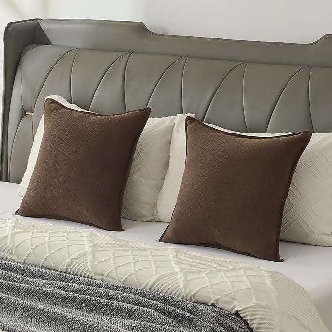 FUTEI Dark Coffee Chenille Throw Pillow Covers 18x18 Inch Set of 2,Edges Double-Stitched Cushion Cases,Modern Home Decor for Couch Living Room