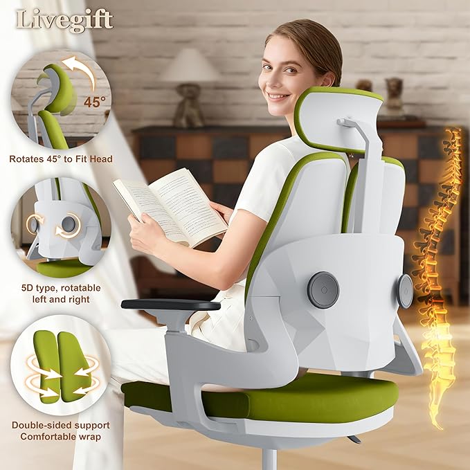 Ergonomic Office Chair Big and Tall Desk Chair, Dual-backrest Computer Chair with 3D Adjustable Arms and Lumbar Support, 500lbs Extra Wide Seat, for Home & Office Use,Green