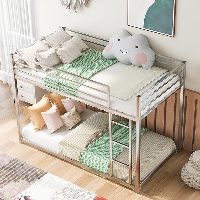 Twin Over Twin Metal Bunk Bed with Full-Length Guardrail,Low Bed Frame W/Ladder, Steel,No Noise,Bedroom Furniture for Adult Kid Boy Girl Teen,Silver