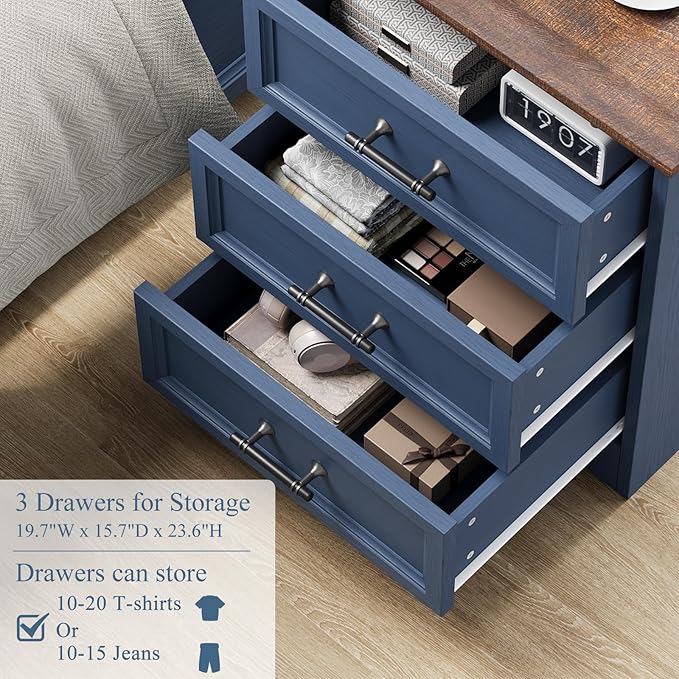 Blue Nightstand with Charging Station, 19.7" Farmhouse End Table with 3 Drawers Storage, Bedside Table with Brushed Metal Handles, Unique Base Design, 3 Drawer Dresser for Bedroom, Living Room