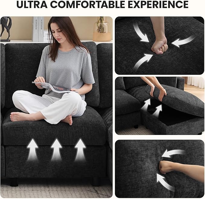 4-Seater Modular Sectional Cloud Sofa with 2 Ottomans, U-Shaped Couch for Living Room, Modern Deep Seat Sofa with Soft Back Cushions, Chenille Dark Grey