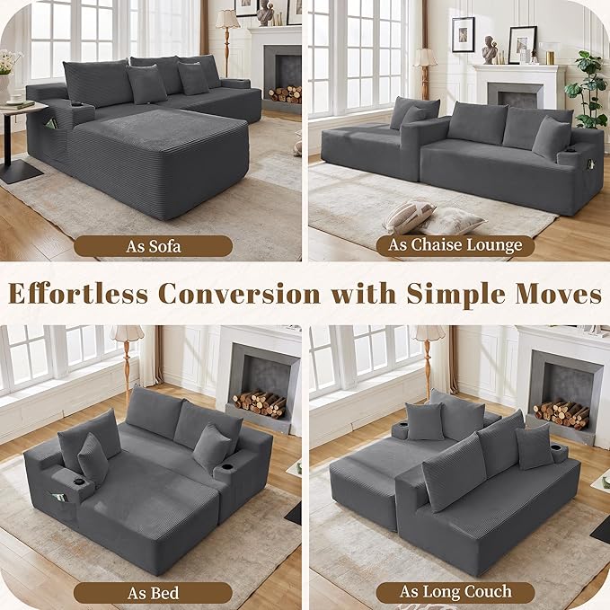 106" Cloud Sectional Couch, Modular Sectional Sofa with L-Shape Chaise, Corduroy Boneless Couch with Deep Seat, Upholstered Sofa for Living Room, No Assembly Required(Left-Facing Chaise, Dark Grey)