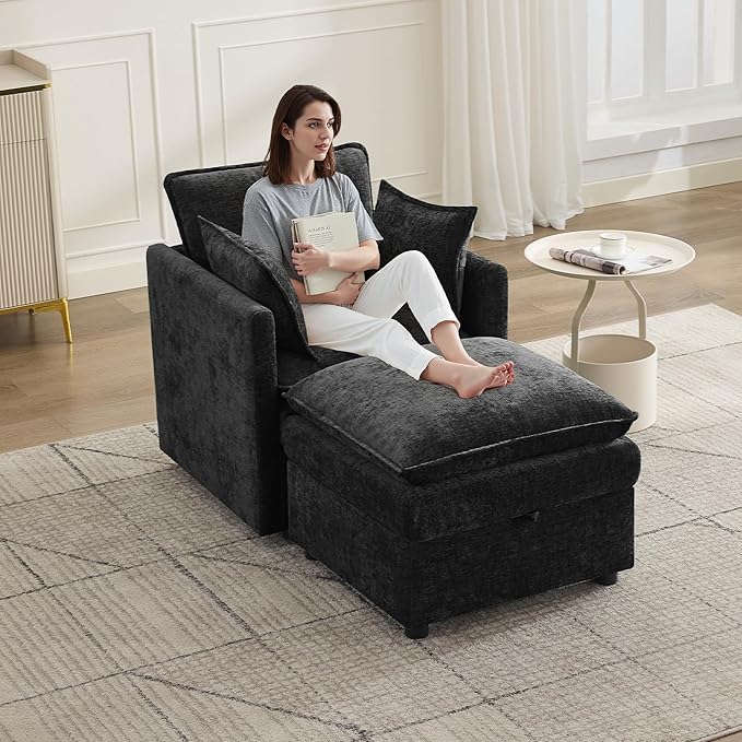 30" Cloud Modular Single Sofa Chair with Storage Ottoman, Modern Upholstered Accent Chair with Storage, Chenille Reading Lounge Armchair for Living Room, Bedroom, Small Space, Black