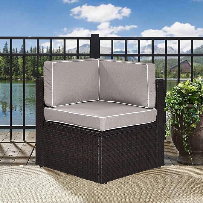 Crosley Furniture Palm Harbor Corner Outdoor Sectional Chair, Wicker Patio Chairs for Porch, Deck, Backyard, Brown with Gray Cushions