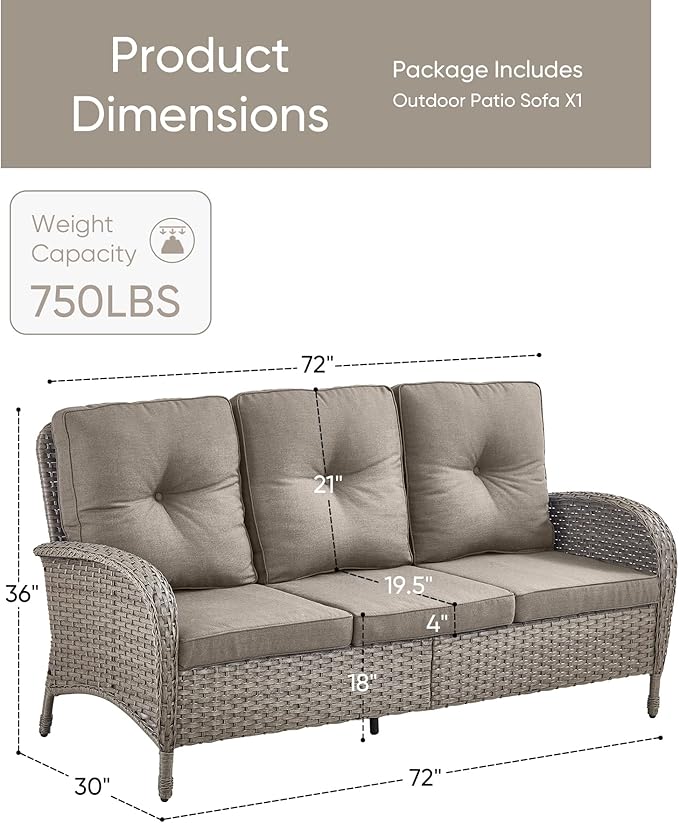 HUMMUH Outdoor Patio Couch-Outdoor Rattan Couch with Thick Cushions Outdoor Sofa for Deck Lawn Porch Balcony Poolside-Grey/Grey