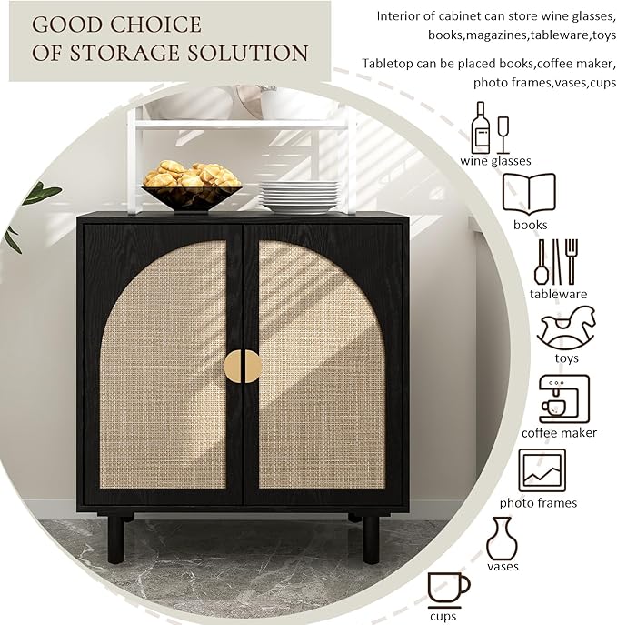 Black Rattan Cabinet-2-Doors,Sideboard Buffet Cabinet with Storage-Accent Storage Cabinet with Cane Door, Boho Wood Credenza for Dining Room, Kitchen,Study Room (Black01-2 Door)