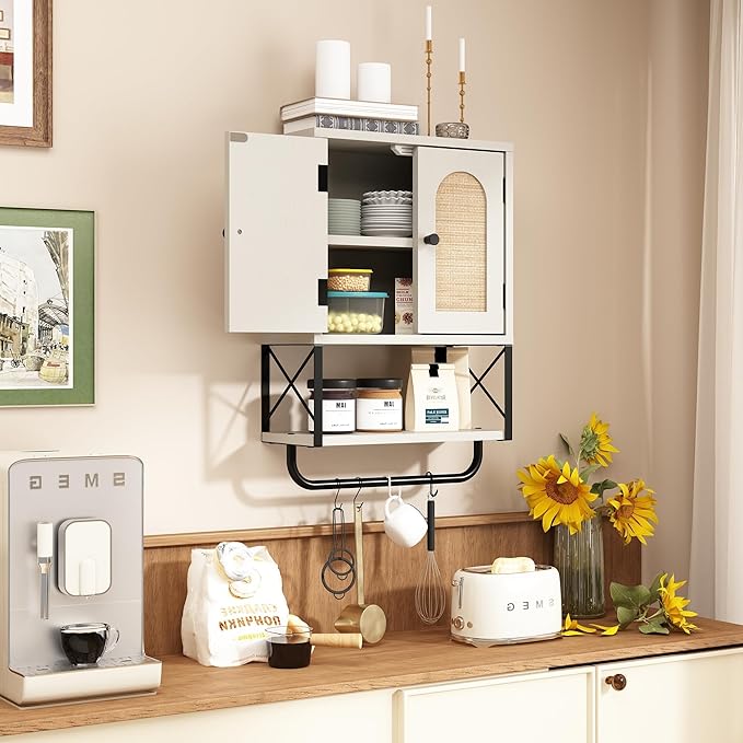 RUSTOWN Rattan Bathroom Wall Cabinet, Boho Over The Toilet Storage Cabinet with Arched Rattan Doors, Modern Medicine Cabinet with Adjustable Shelves & Towel Bar(Vintage White,Small)