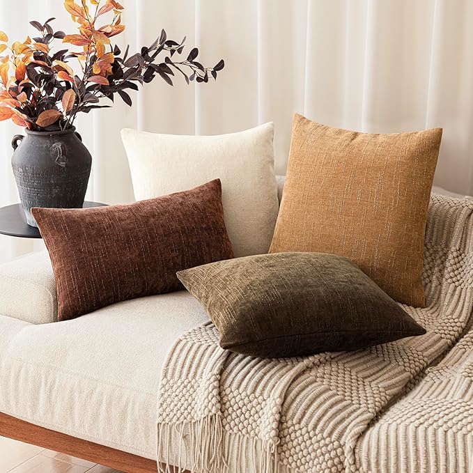 Foindtower Set of 2 Soft Textured Chenille Throw Decorative Pillow Covers Square Accent Solid Cushion Cover Neutral Farmhouse Pillow Case for Couch Sofa Bedroom Living Room 20x20 Inch,Golden Brown