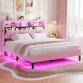 Full Size Bed Frames with Storage Headboard,Power Outlet, Modern Velvet Upholstered Platform Bed LED Bed Frame with 5 Storage Shelves, No Box Spring Needed, Pink