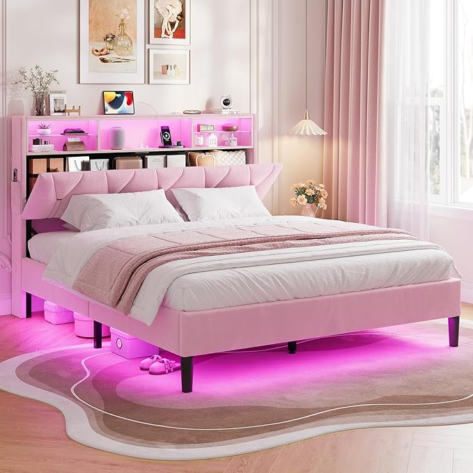 Full Size Bed Frames with Storage Headboard,Power Outlet, Modern Velvet Upholstered Platform Bed LED Bed Frame with 5 Storage Shelves, No Box Spring Needed, Pink
