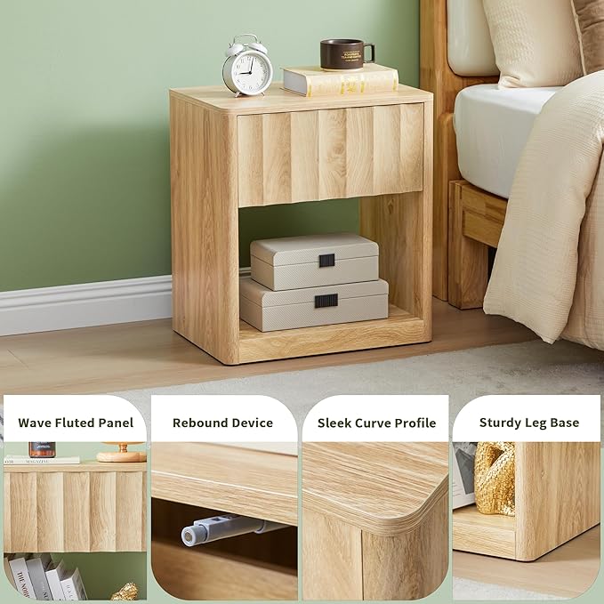 Fluted Dresser, Small Nightstands Set of 2, Natural Bedside Table with Drawer and Storage, Mid Century Modern Side Table for Bedroom Living Room Sofa